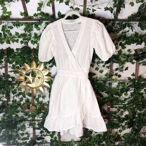 Elegant White Eyelet Wrap Dress